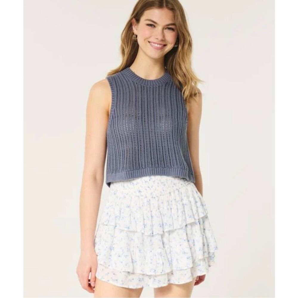 Hollister High-neck Crochet-style Sweater Tank Gray Blue Size Large